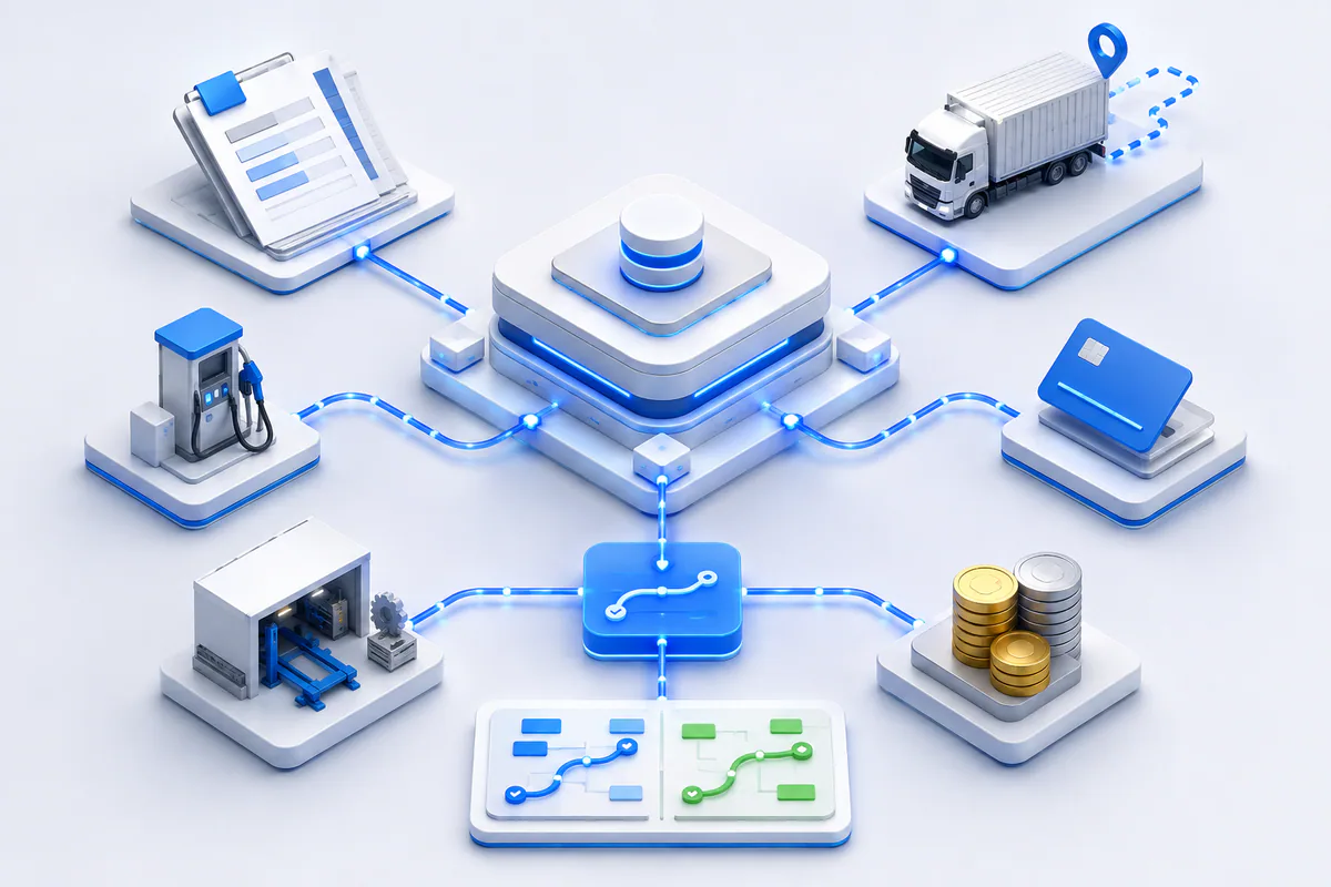ERP связывает заказ, грузовик, топливо, водителя, ремонт и финансы
