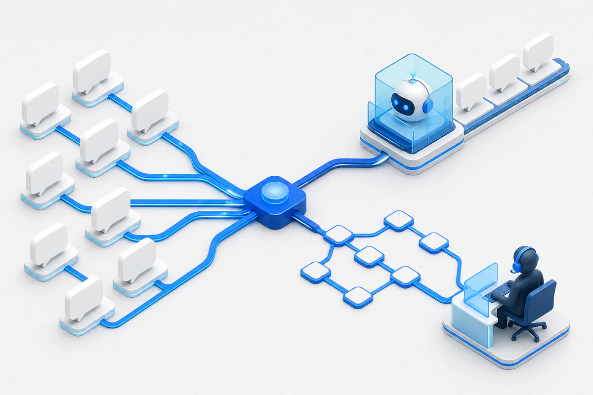 Схема направляет простые вопросы боту, а сложные — оператору